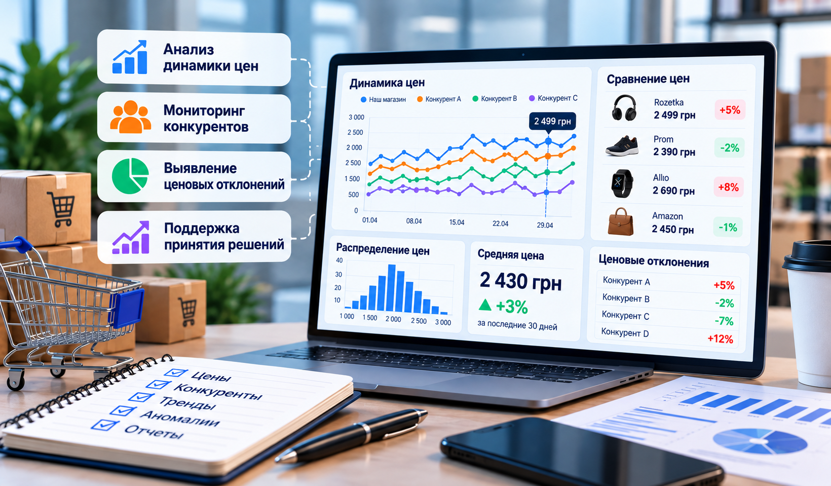 Аналитика цен: графики динамики, сравнение цен конкурентов, средняя цена и выявление ценовых отклонений