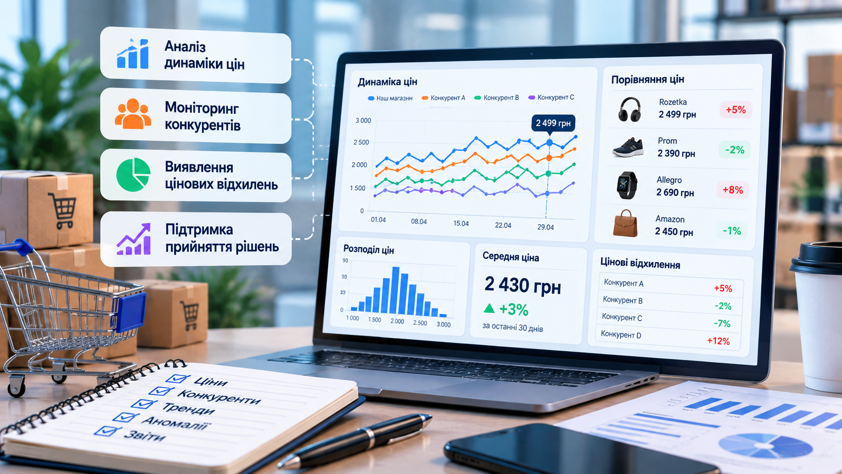 Аналітика цін в e-commerce: графіки динаміки цін, порівняння конкурентів, виявлення цінових відхилень та аналіз ринку.