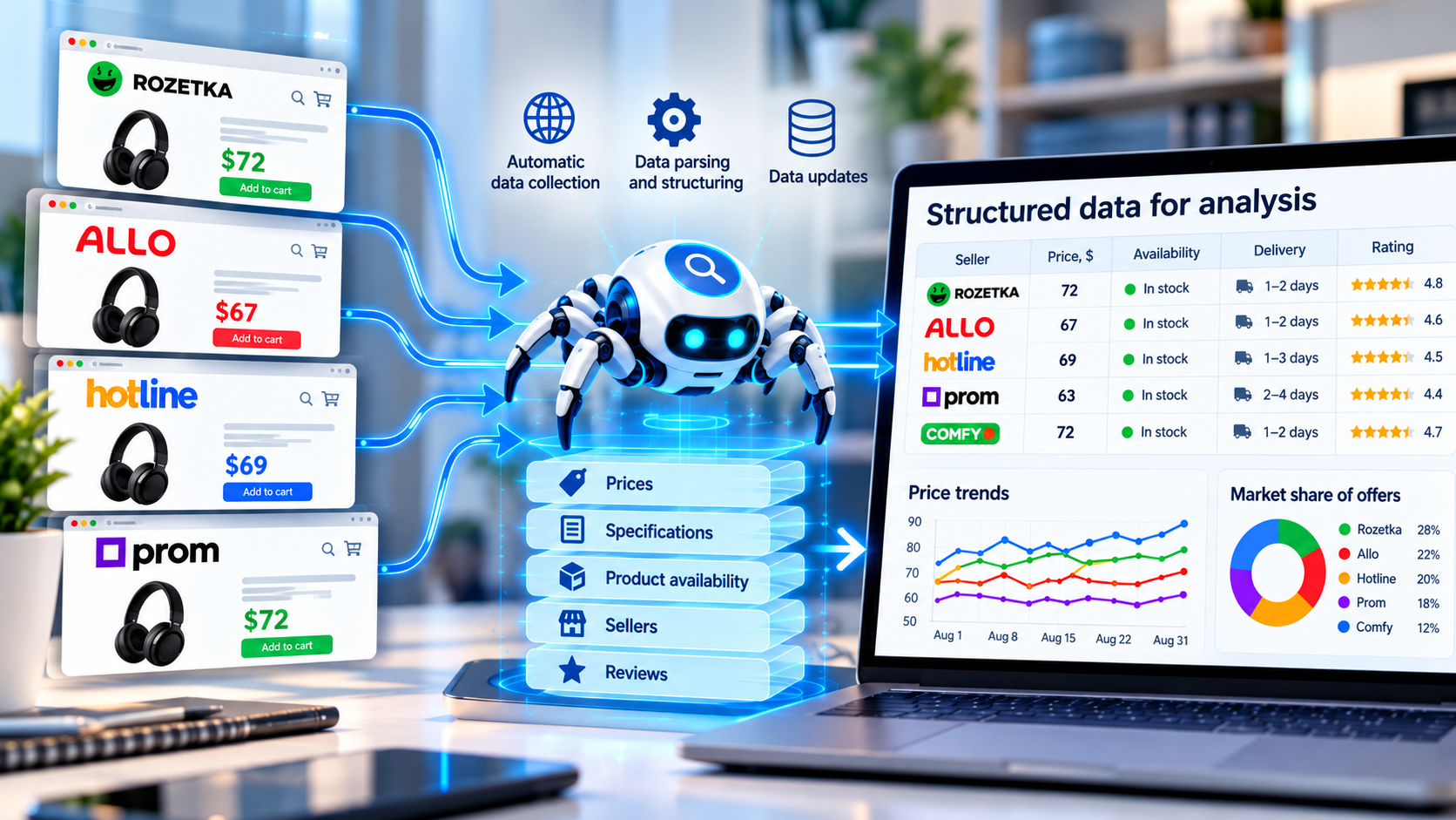 Automated data parsing from online stores and marketplaces for price monitoring, product availability tracking, and e-commerce analytics