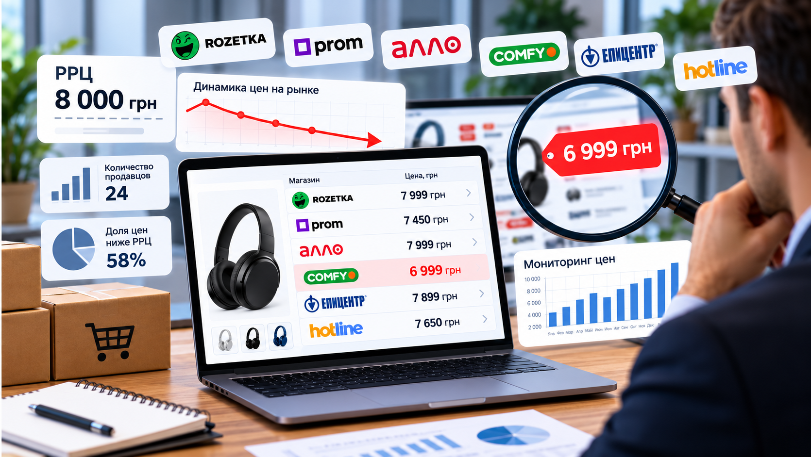 Мониторинг цен на маркетплейсах: сравнение предложений продавцов, выявление демпинга и отклонений от РРЦ
