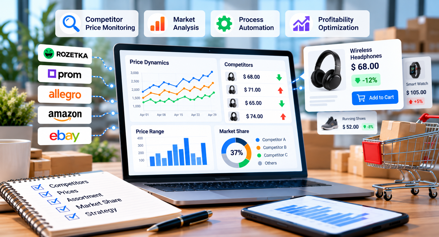 E-commerce price monitoring dashboard showing competitor prices, price trends, market share, and marketplace analysis
