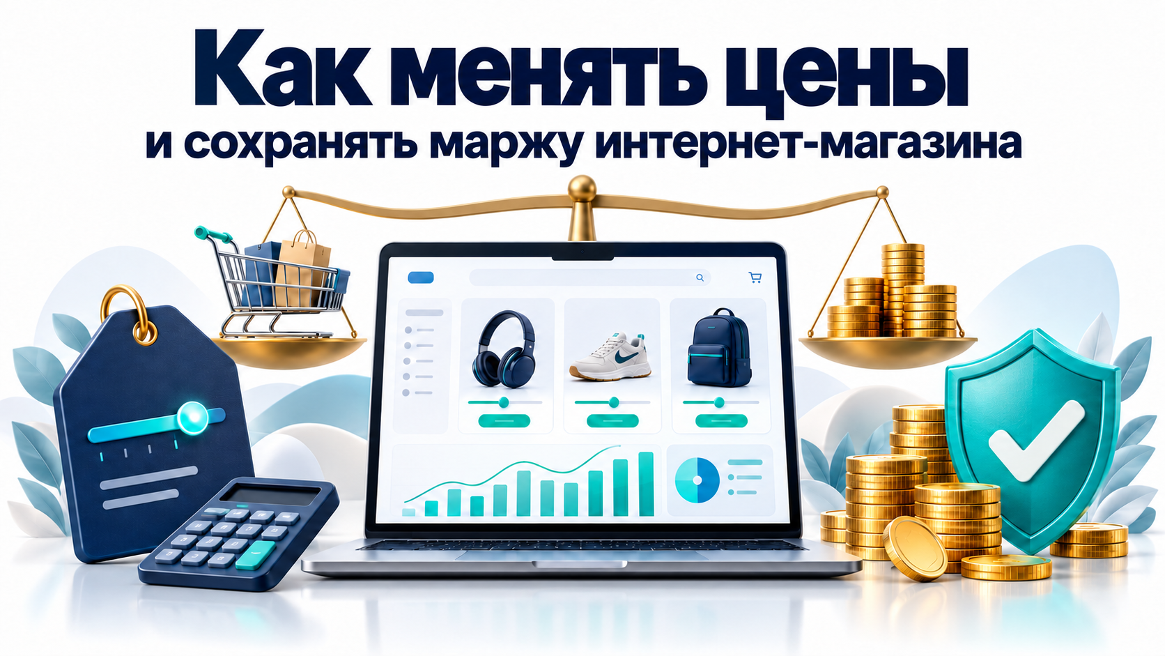 Изменение цен интернет-магазина с сохранением маржи: ноутбук с аналитикой, ценник, весы и монеты под защитой щита.