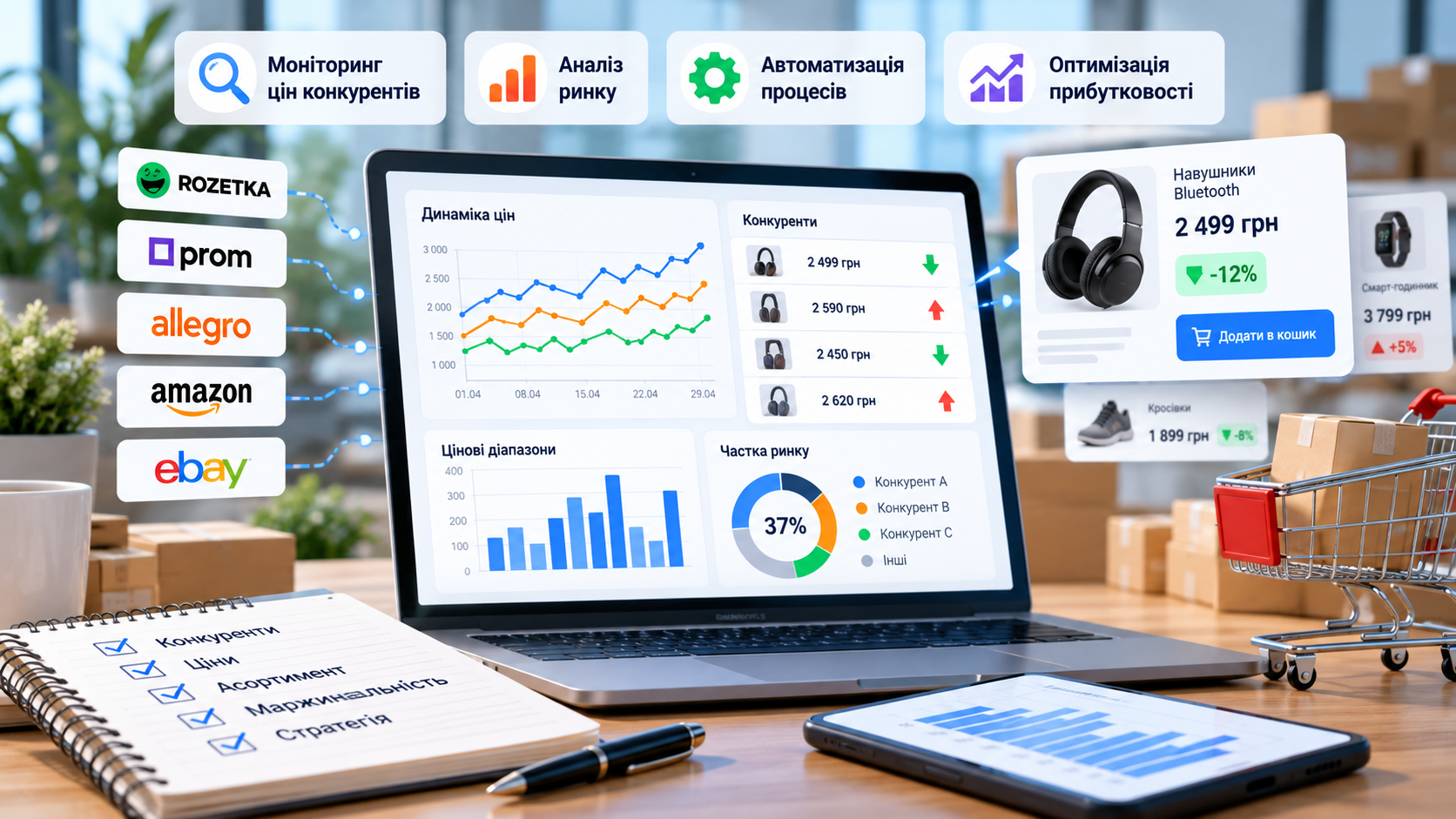 Моніторинг цін в e-commerce: аналіз конкурентів, динаміка цін, порівняння пропозицій маркетплейсів та автоматизація ціноутворення.