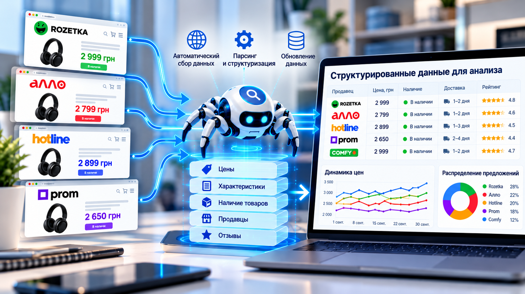 Автоматический парсинг данных интернет-магазинов и маркетплейсов: сбор цен, характеристик, наличия товаров и информации о продавцах