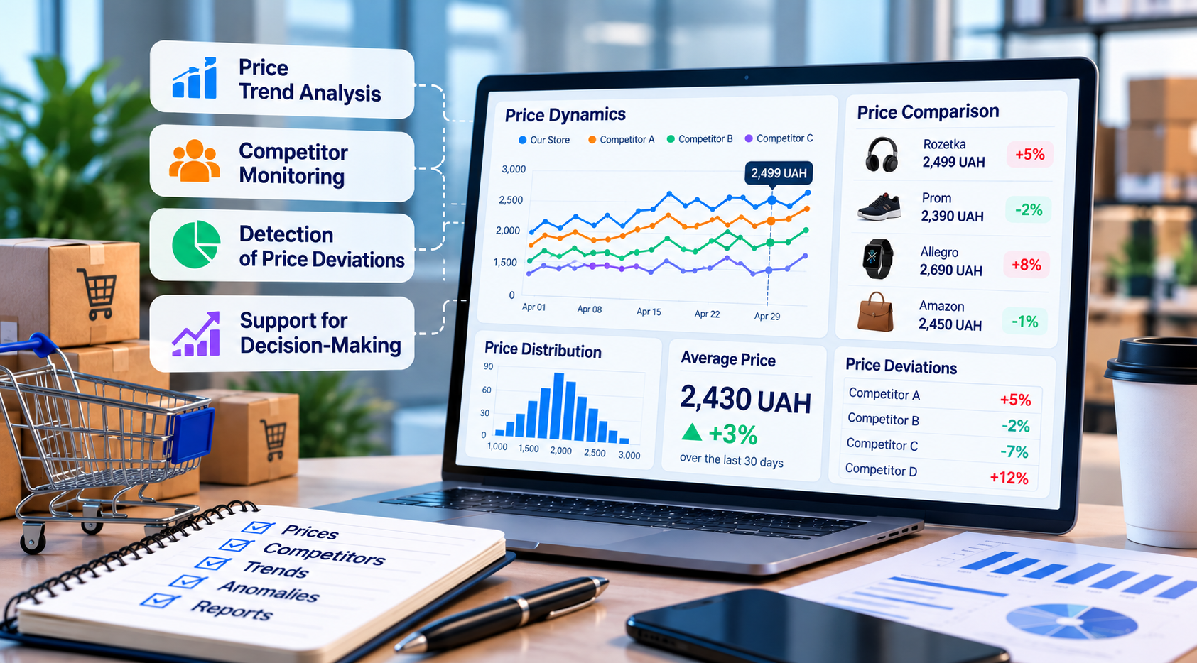 Price analytics dashboard showing competitor prices, price trends, average prices and deviations in e-commerce