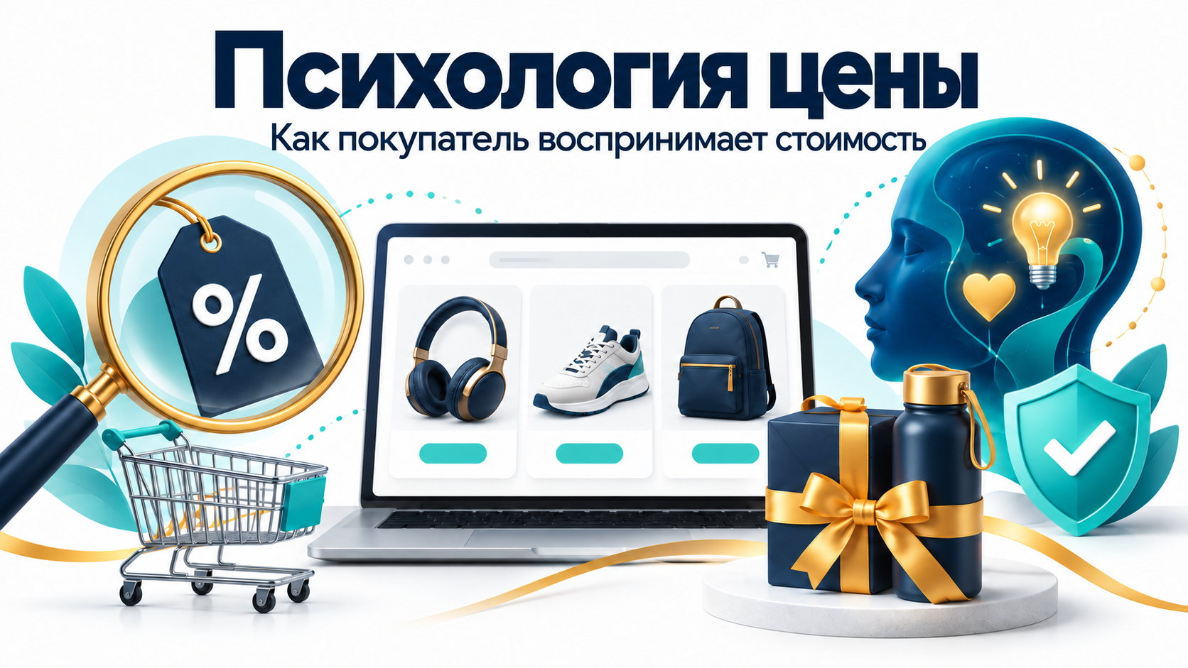 Психология цены в интернет-магазине: каталог товаров, ценник под лупой, символы эмоций, доверия и комплектного предложения.