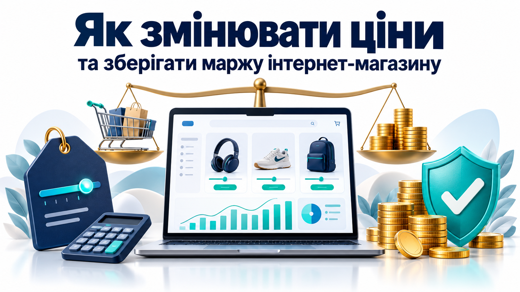 Зміна цін інтернет-магазину зі збереженням маржі: ноутбук з аналітикою, цінник, терези та монети під захистом щита.